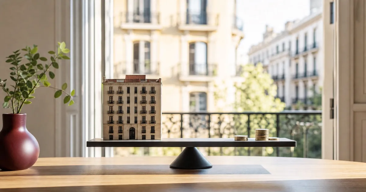 Maqueta de edificio equilibrada con monedas en un interior luminoso de Barcelona junto a un balcón del Eixample