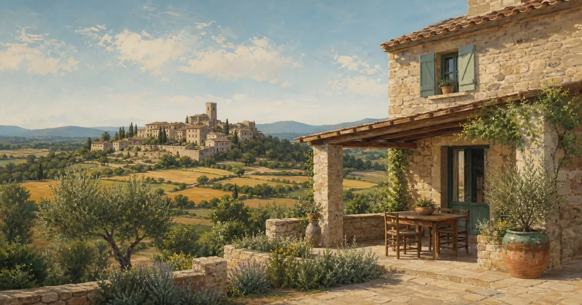 Casas de piedra y paisaje rural de Castell d’Empordà, cerca de La Bisbal