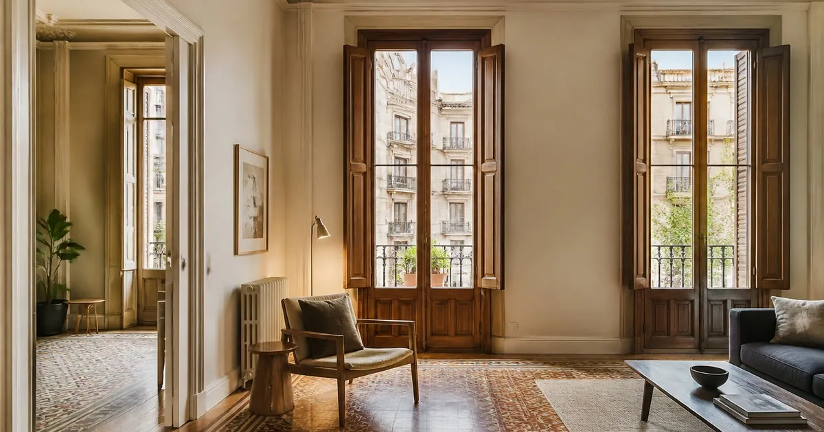 Interior luminoso de un piso del Eixample con techos altos, carpintería de madera original y luz natural