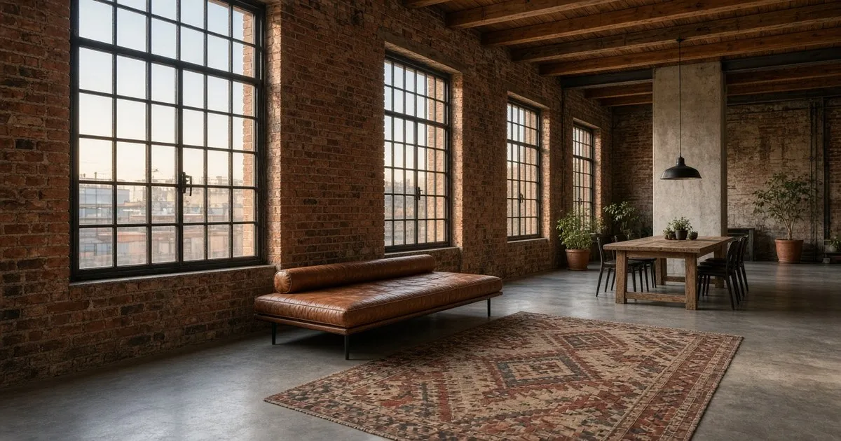 Loft rehabilitado en Poblenou con pared de ladrillo, ventanas industriales de acero y chaise longue de cuero