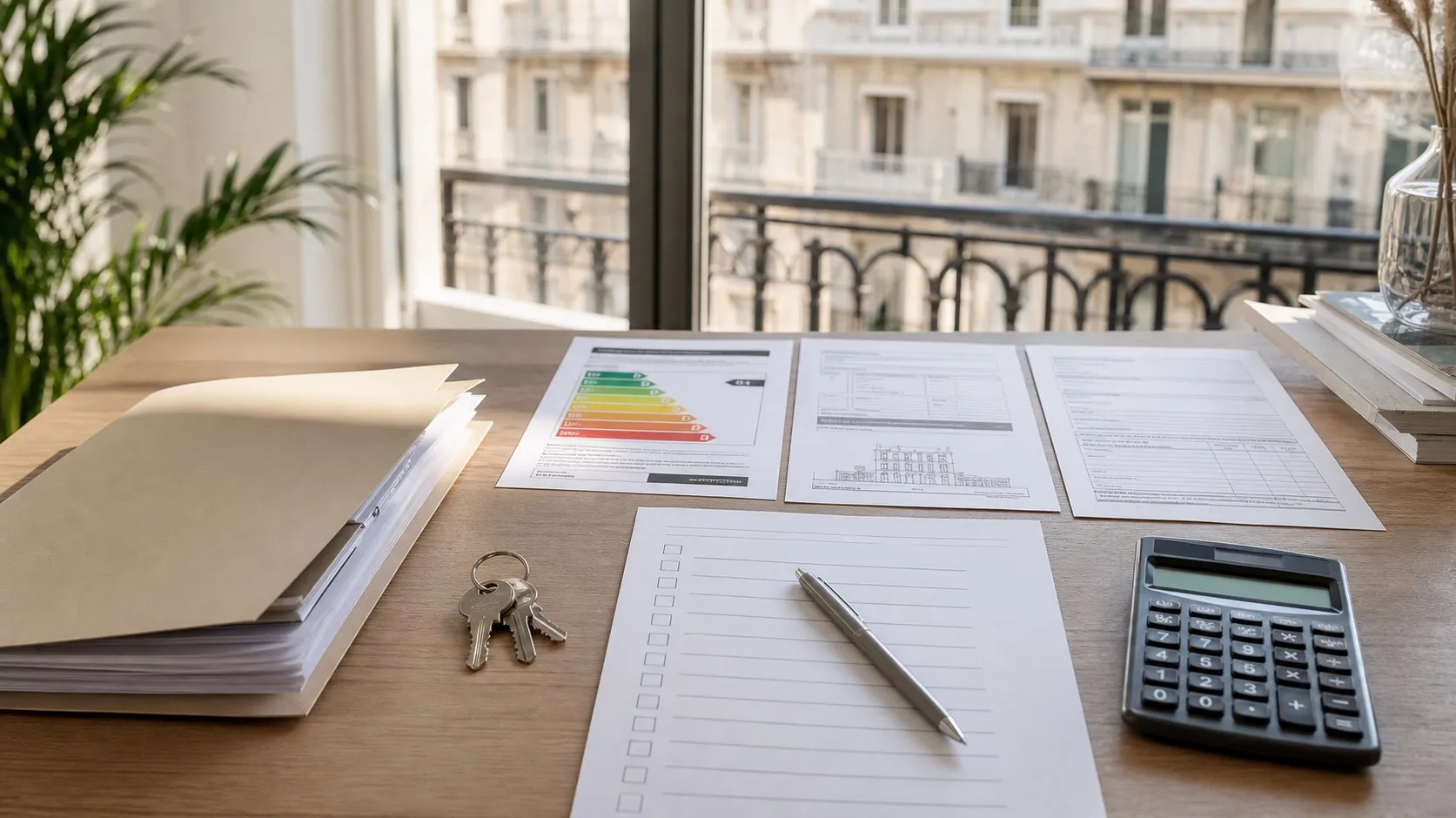 Mesa con documentos de compraventa, llaves y checklist para vender un piso en Barcelona en 2026