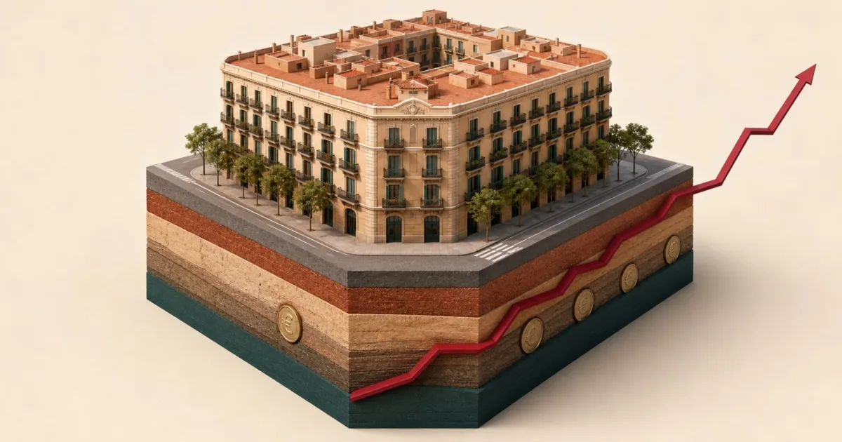 Maqueta arquitectónica de un chaflán del Eixample sobre capas de suelo catastral