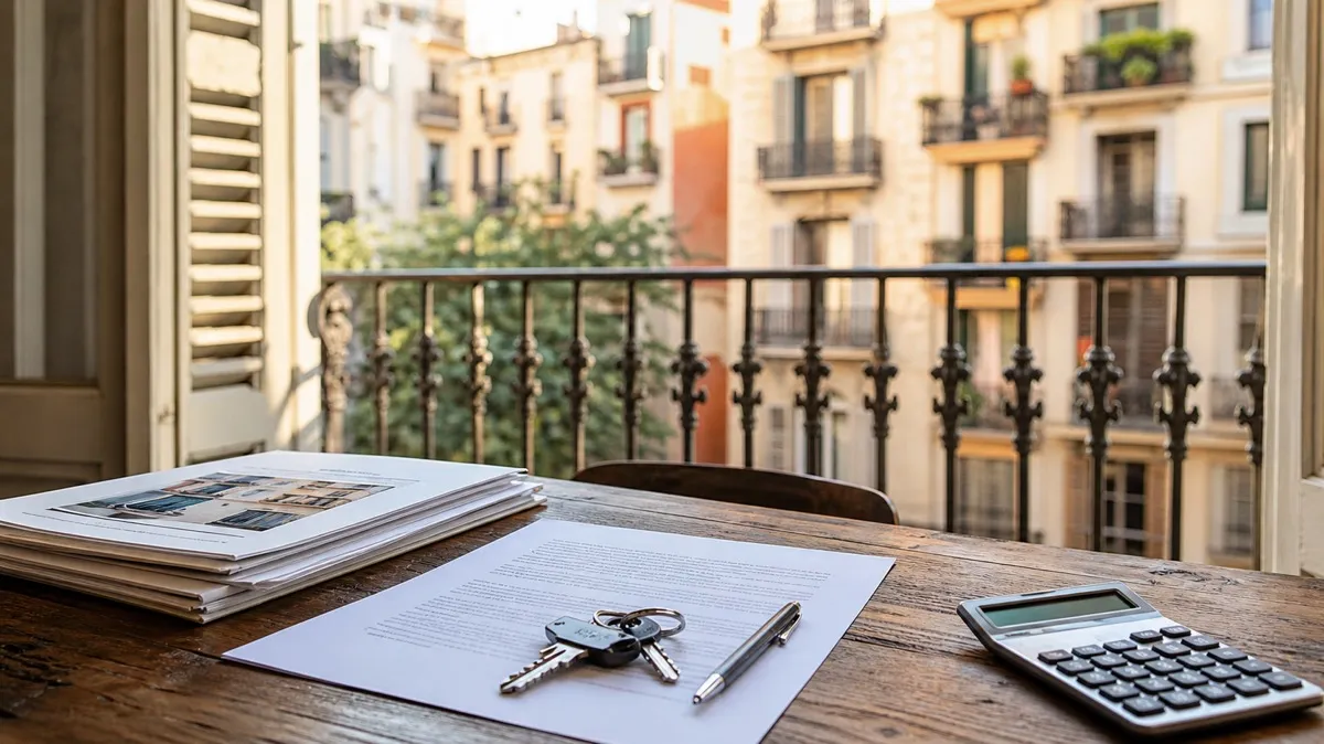 Mesa con contrato de alquiler, llaves y calculadora junto a un balcón de Barcelona, para analizar la venta de un piso alquilado