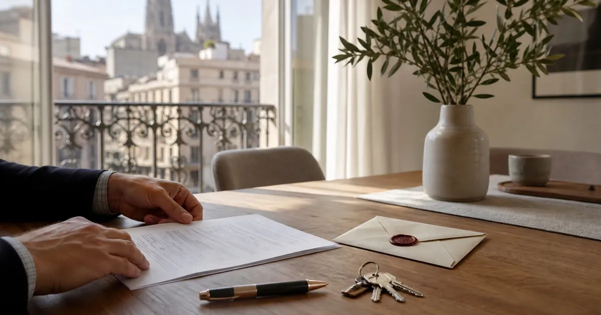 Contrato de compraventa, notas de cancelación hipotecaria y llaves preparados para la firma ante notario en España